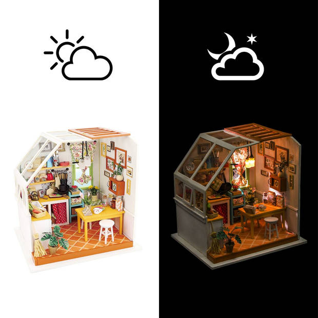 Robotime Jasons Keuken DG105 - Houten modelbouw - Poppenhuis met LED licht - DIY