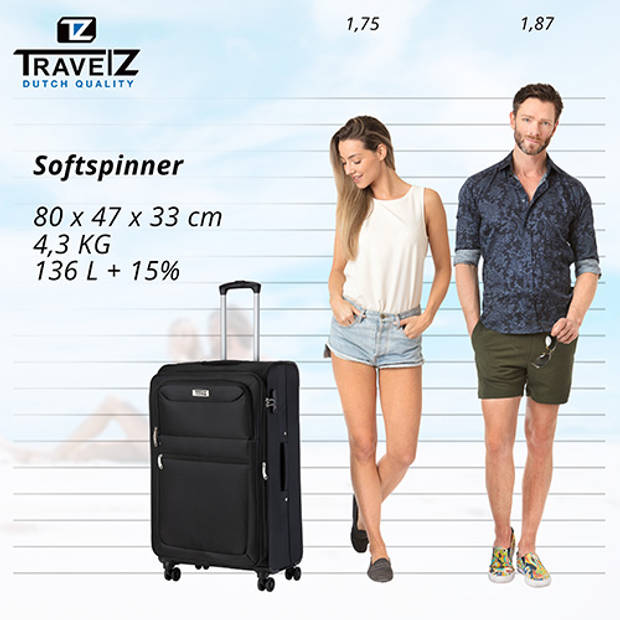 Travelz Softspinner TSA Grote Reiskoffer 77cm - Trolley 104+16 Ltr met expander - Zwart