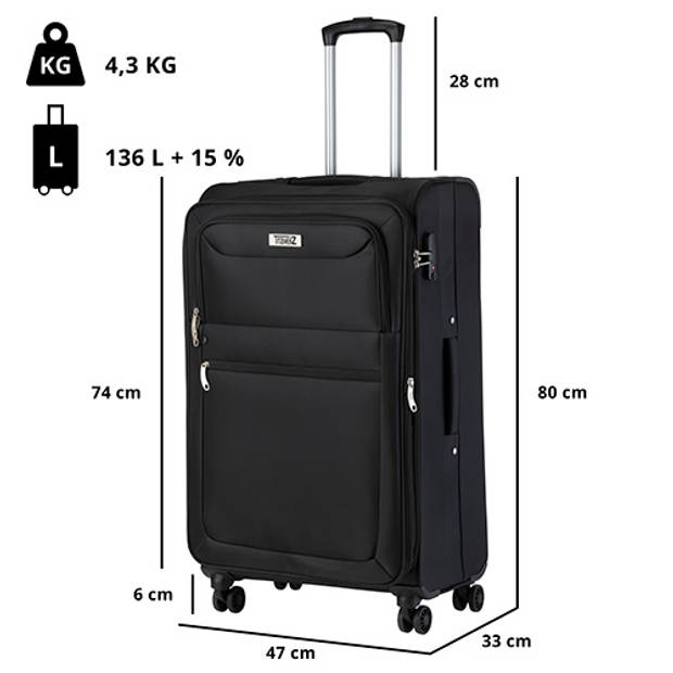 TravelZ Softspinner TSA Kofferset - 2-delig Handbagage + groot formaat - Dubbele wielen - Zwart