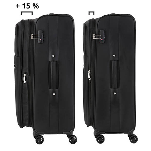 Travelz Softspinner TSA Grote Reiskoffer 77cm - Trolley 104+16 Ltr met expander - Zwart