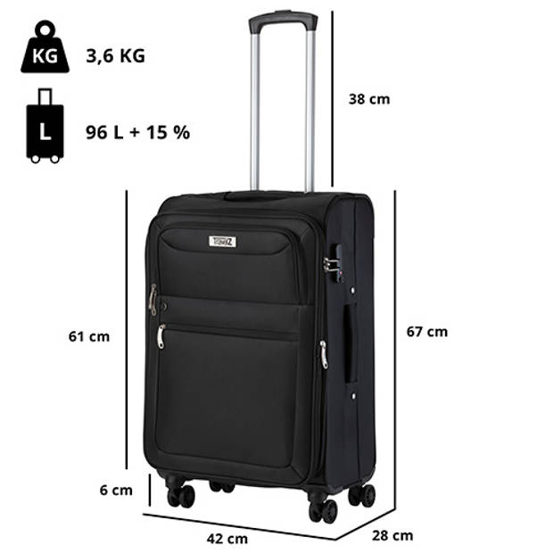 Travelz Softspinner TSA Middenmaat Reiskoffer 67cm - Met expander 74+11 Ltr - Zwart