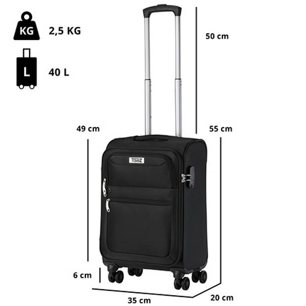 TravelZ Softspinner TSA Handbagagekoffer - Trolley 55cm met dubbele wielen – Zwart