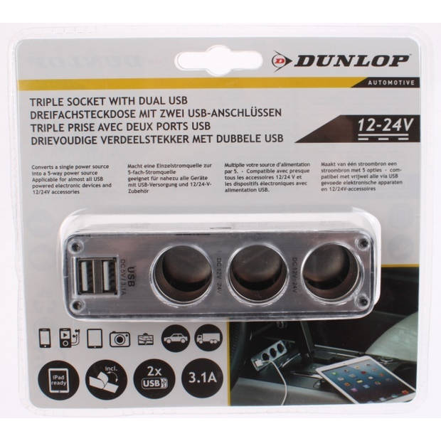 Dunlop 3-weg splitter 12/24 Volt met twee USB-poorten zwart
