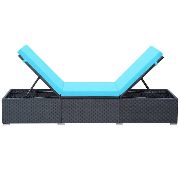 The Living Store Ligbed - Poly rattan - Zwart/Blauw - 195 x 60 x 31 cm - Verstelbaar - Met kussen - Eenvoudig te