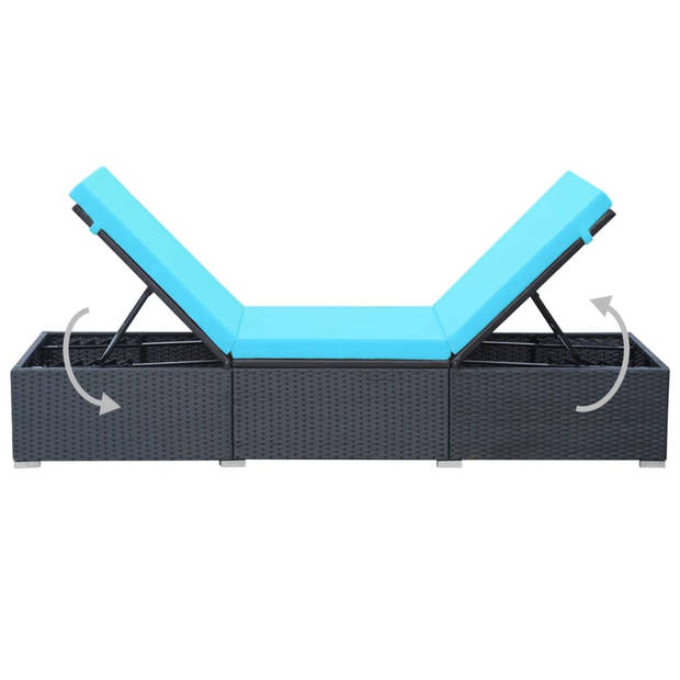 The Living Store Ligbed - Poly rattan - Zwart/Blauw - 195 x 60 x 31 cm - Verstelbaar - Met kussen - Eenvoudig te