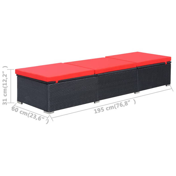 The Living Store Poly Rattan Ligbed - Zwart en Rood - 195 x 60 x 31 cm - Verstelbaar - Inclusief kussen - Eenvoudig te