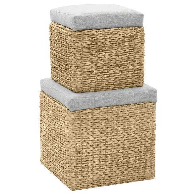 The Living Store Poefenset Zeegras - 43x43x44 cm en 34x34x34 cm - Grijs kussen - 100% Polyester