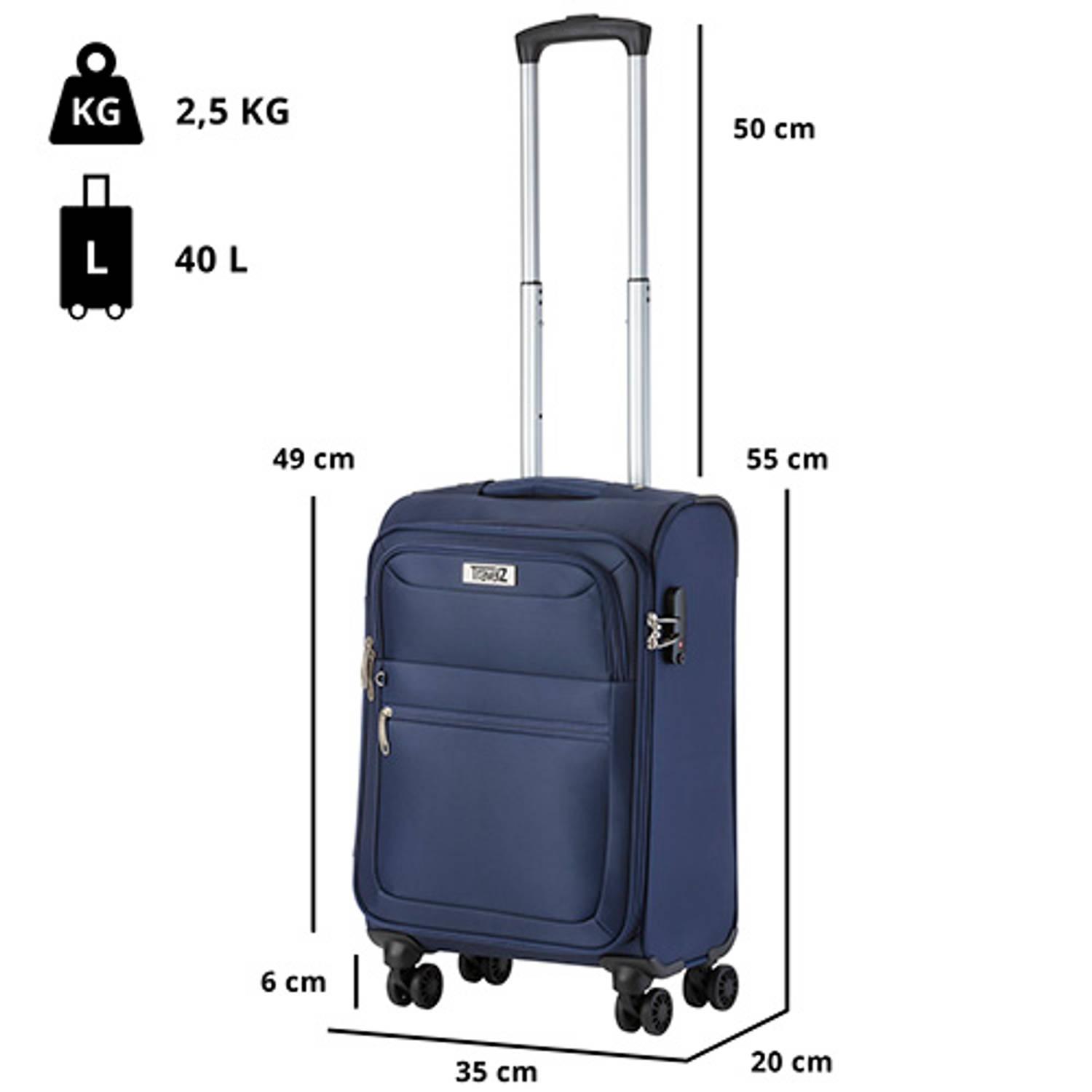 Softspinner TSA Handbagagekoffer - Trolley 55cm met dubbele wielen – Blauw | Blokker