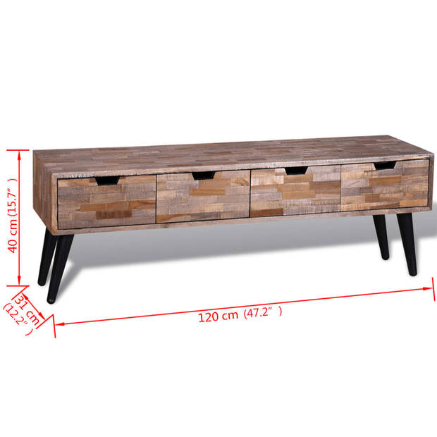 The Living Store Tv-meubel - Vintage gerecycled teak - 120 x 31 x 40 cm - Met 4 lades