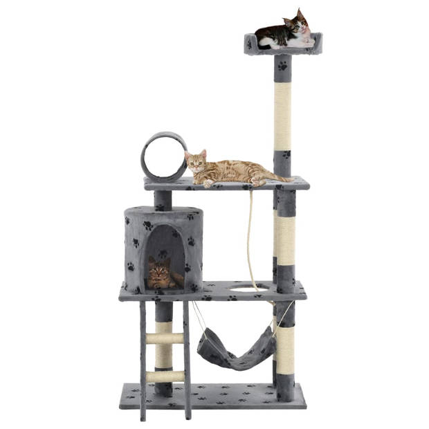 The Living Store Kattenkrabpaal - Grijs - 140 cm hoog - Basis 70 x 35 cm - Met hangmat - ladder en klimtouw