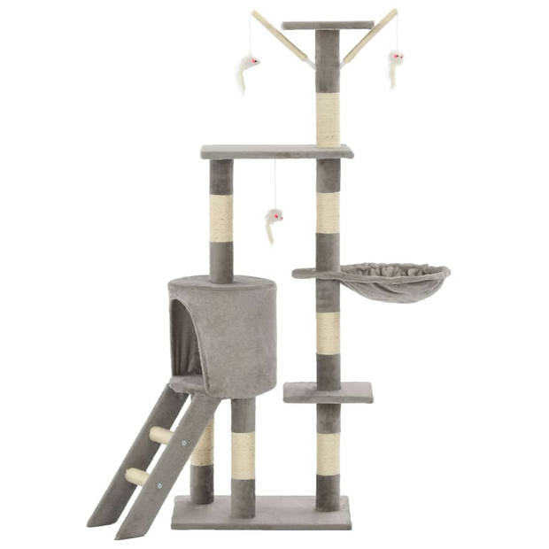 The Living Store Kattenkrabpaal - Grijs - 138 cm - Met muizenspeeltjes - ladder - comfortabel huis -