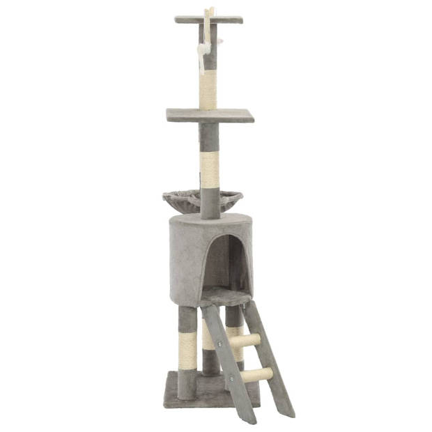 The Living Store Kattenkrabpaal - Grijs - 138 cm - Met muizenspeeltjes - ladder - comfortabel huis -