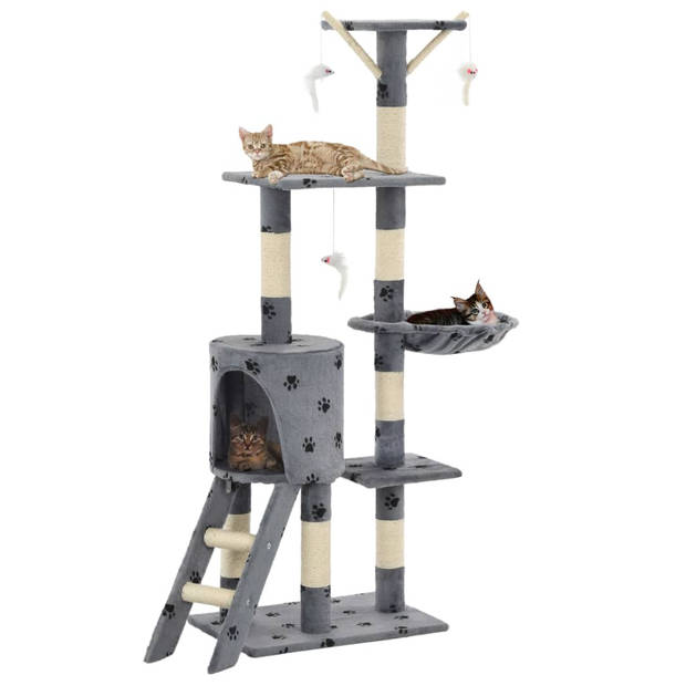 The Living Store Kattenkrabpaal - Grijs - 138cm - Sisal touw - Met huis - ladder - muizenspeeltjes