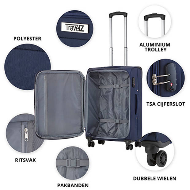 TravelZ Softspinner TSA Handbagagekoffer - Trolley 55cm met dubbele wielen – Blauw