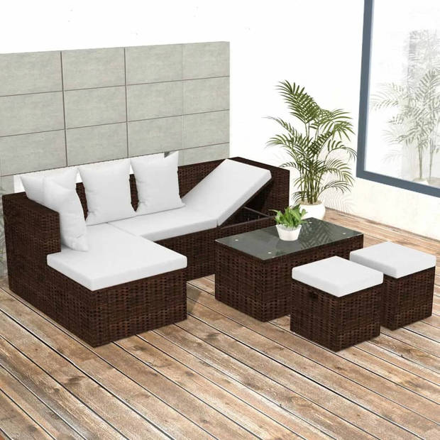 vidaXL 4-delige Loungeset met kussens poly rattan bruin