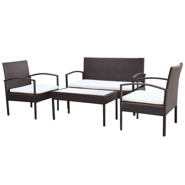 vidaXL 4-delige Loungeset met kussens poly rattan bruin