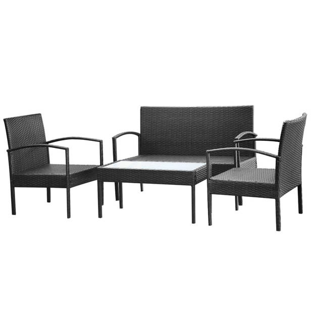 vidaXL 4-delige Loungeset met kussens poly rattan zwart