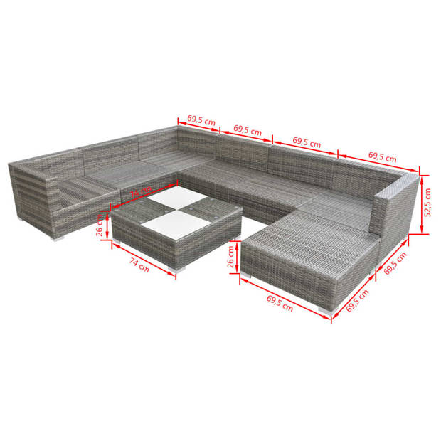 vidaXL 8-delige Loungeset met kussens poly rattan grijs