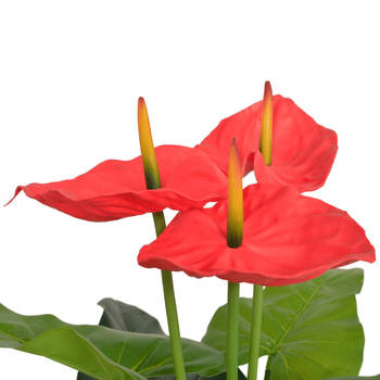 The Living Store Kunst Anthurium - 90 cm - Realistische uitstraling - 9 bladeren - 3 bloemen