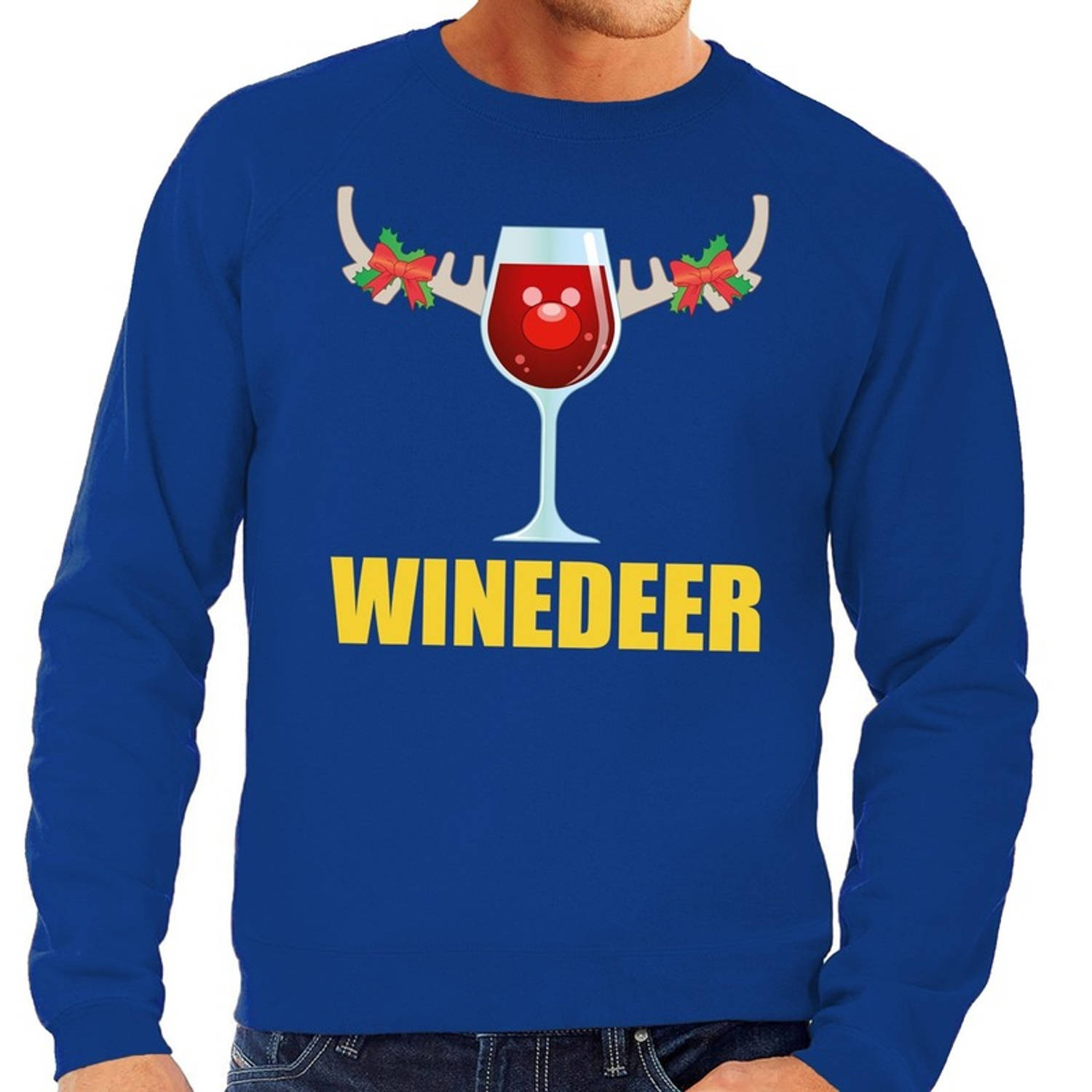 Foute kersttrui blauw met wijntje heren XL (54) - kerst truien