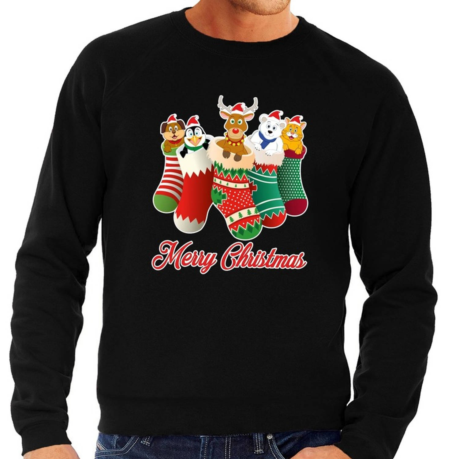 Foute kerstborrel trui zwart kerstsokken met diertjes voor heren XL (54) - kerst truien