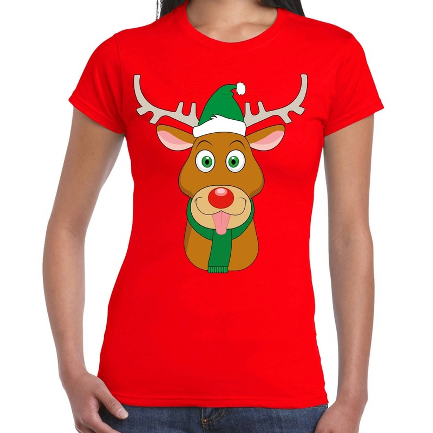 Foute Kerst t-shirt rood met Ruldolf het rendier met groene muts voor dames XL - kerst t-shirts