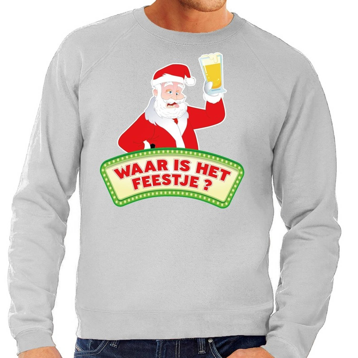 Foute kerst sweater grijs dronken Kerstman met bier heren 2XL (56) - kerst truien