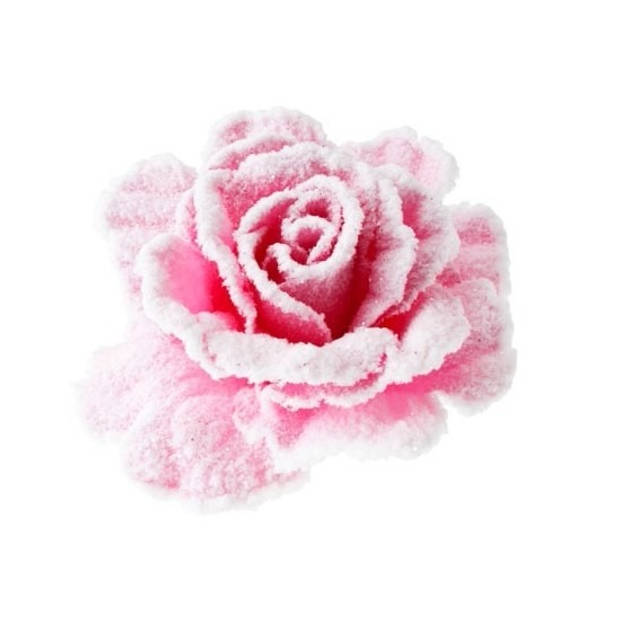 2x stuks roze decoratie rozen sneeuw op clip 10 cm - Kersthangers