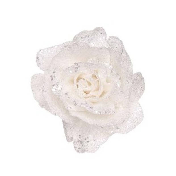 2x stuks witte decoratie rozen glitters op clip 10 cm - Kersthangers