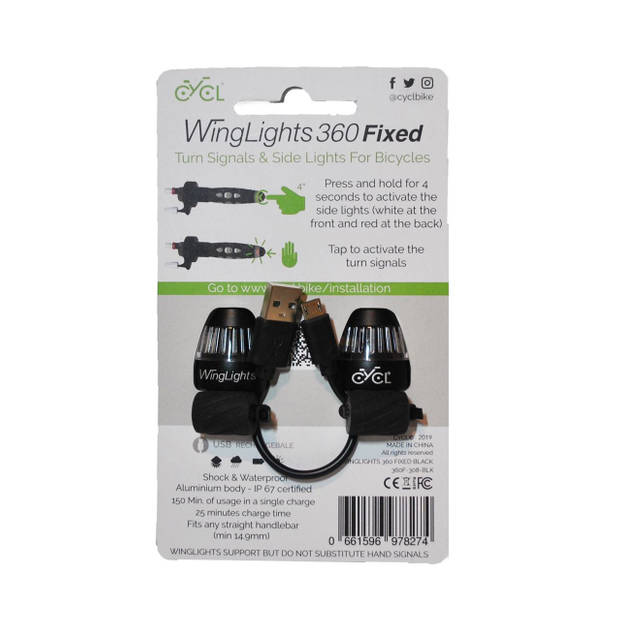 CYCL WingLights360 Fixed - LED Fietsverlichting - Richting Aanwijzer & Zijlichten voor aan Stuur - Zwart