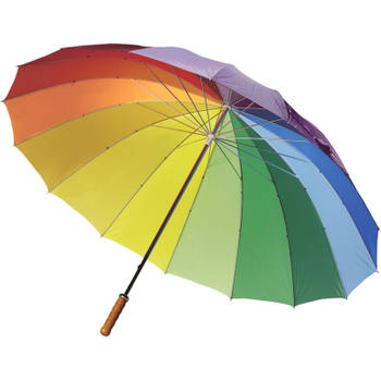Regenboog paraplu met houten handvat 130 cm - Paraplu's