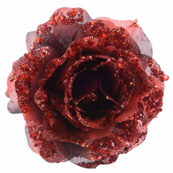 Decoris Kersthanger op clip - roos - donkerrood - bloem - glitter - 14 cm - Kunstbloemen