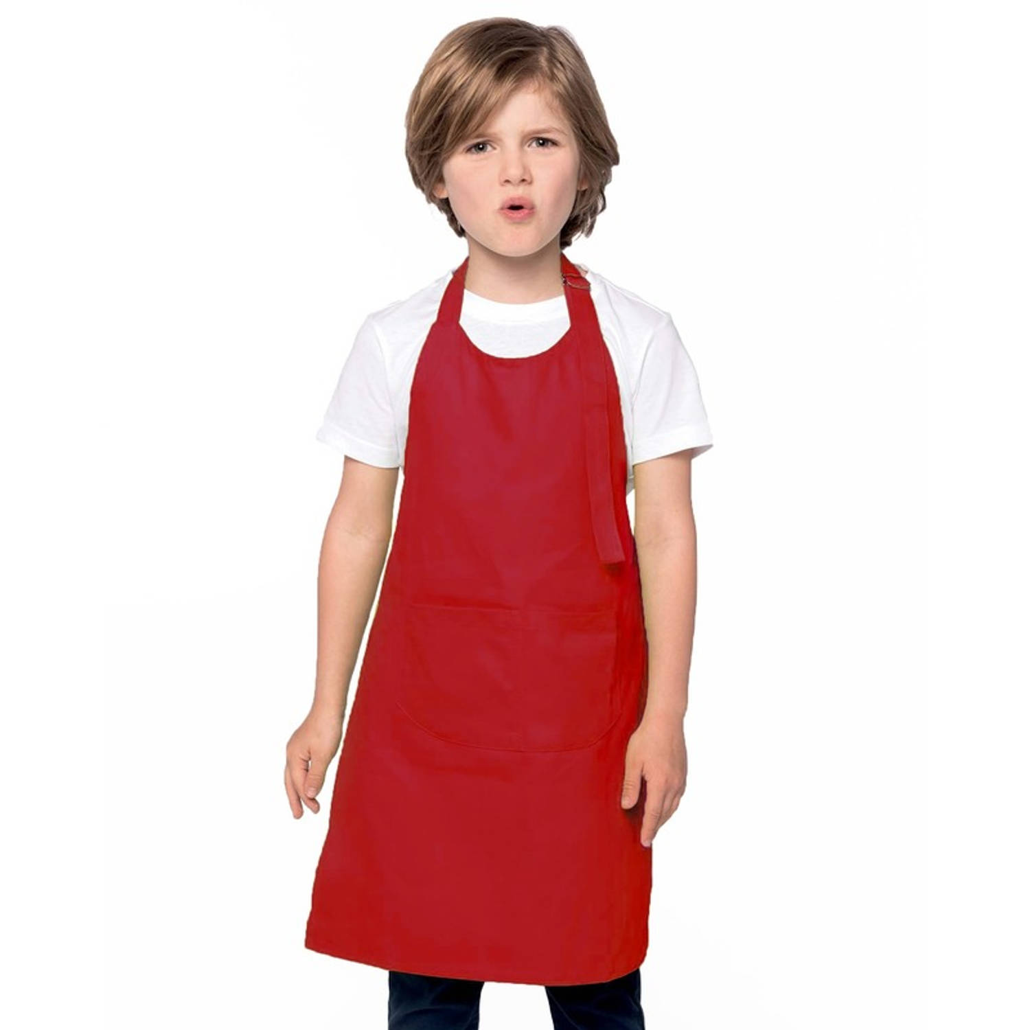 Basic schort kind rood keukenschort- kliederschort- kookschort- knutselschort- kinderschort