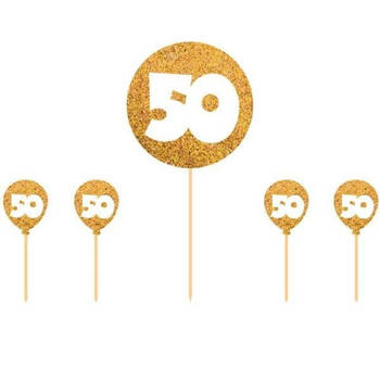 5x stuks Cocktailprikkers 50 jaar thema goud - Cocktailprikkers
