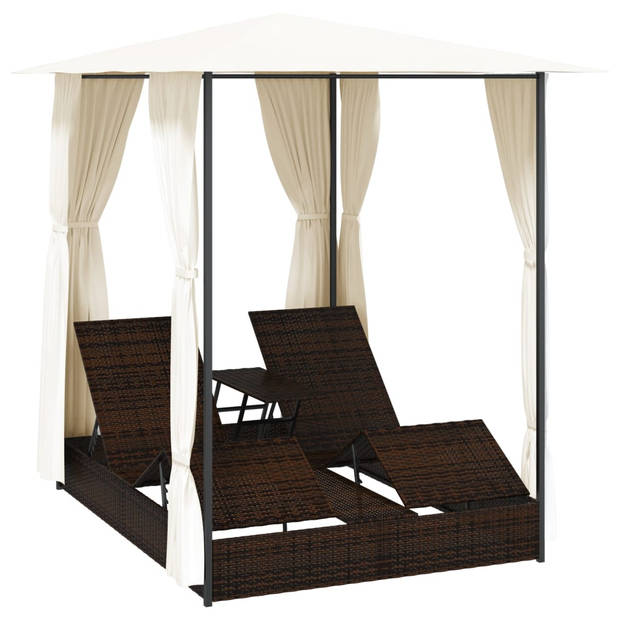 The Living Store Ligbed Dubbel - Bruin PE Rattan - 197x140x250 cm - Inclusief Luifel - Kussens en Gordijnen