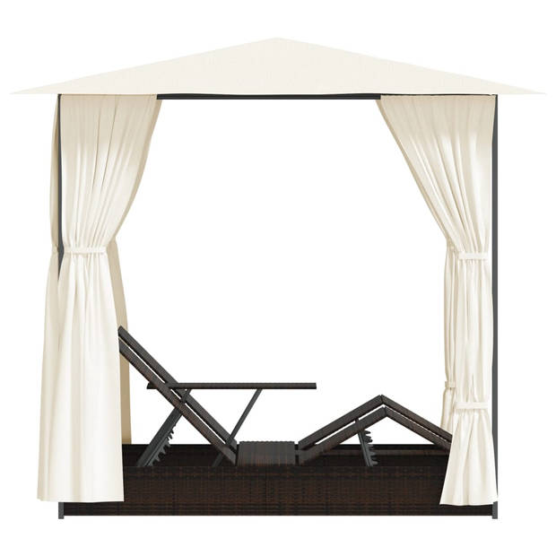 The Living Store Ligbed Dubbel - Bruin PE Rattan - 197x140x250 cm - Inclusief Luifel - Kussens en Gordijnen