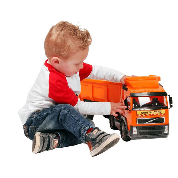 Speelgoed oranje vrachtwagen met oplegger voor jongens 59 cm - Speelgoed vrachtwagens