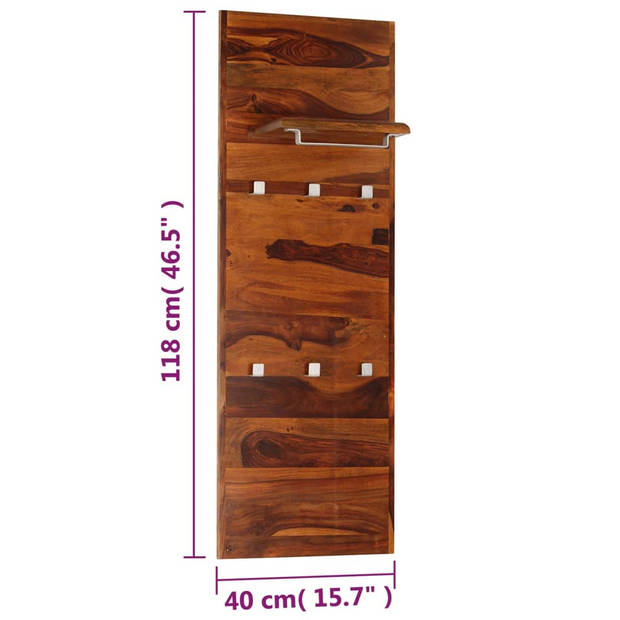 The Living Store Retro Kapstok - Massief sheeshamhout - 40 x 118 cm - met plank en 6 haken