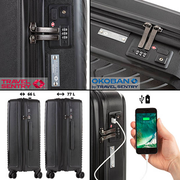 CarryOn Transport TSA Kofferset - 3-delige Trolleyset met OKOBAN - USB - Zwart