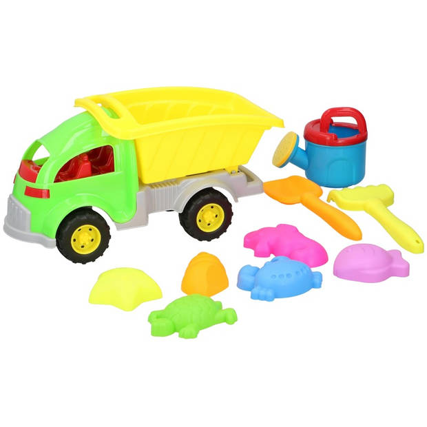 Zandbak speelgoed groene truck/kiepwagen 10-delig 33 cm - Zandspeelsets
