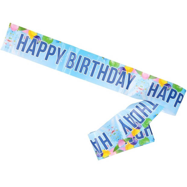 2x stuks verjaardag afzetlint/slingers blauw Happy Birthday 10 meter - Markeerlinten