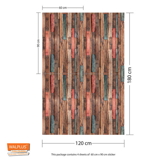 Walplus Houtstroken - Muur Decoratie Sticker - Multikleur - 4 bladen van 60x90 cm