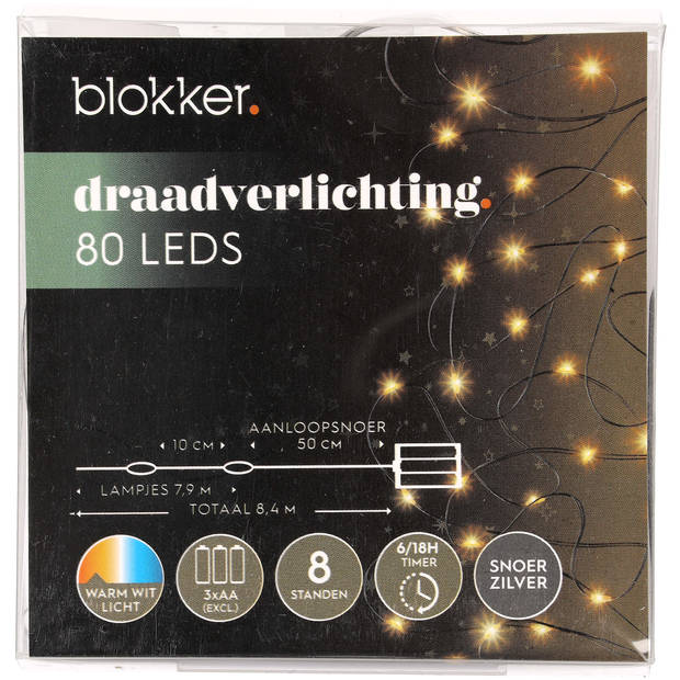 Blokker 80LED Draadverlichting warm wit, 3XAA binnen en buiten