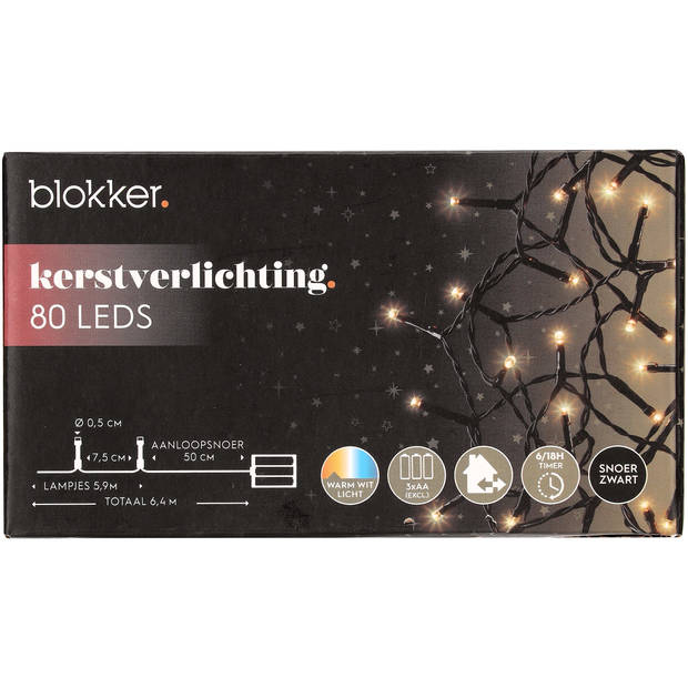 Blokker 80LED Kerstverlichting, warm wit, 3XAA met timer