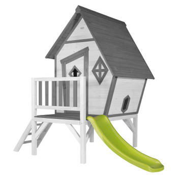 AXI Cabin XL Speelhuis op palen en groene glijbaan Speelhuisje voor de tuin / buiten in grijs & wit van FSC hout