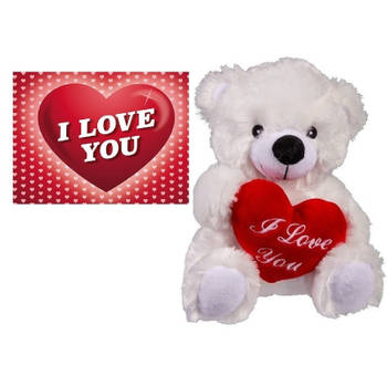 Valentijnsdag cadeau wit beertje met hartje en valentijnskaart - Knuffelberen