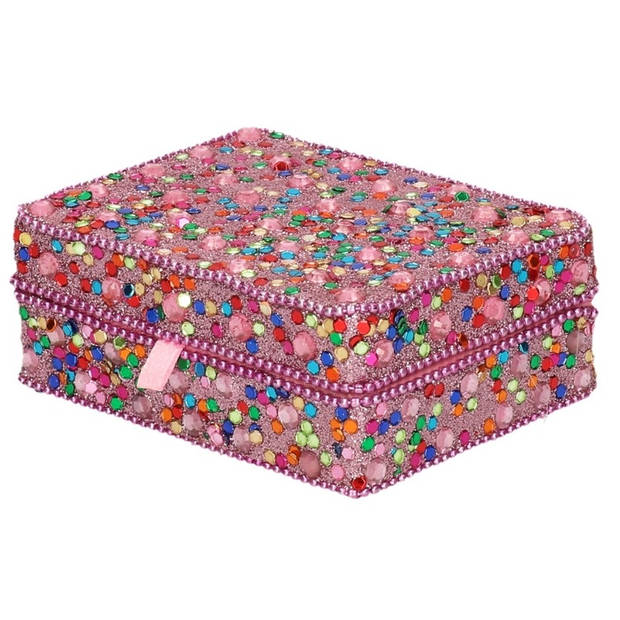 Sieradenkistje/sieradenbox roze met glitters 8 x 10 cm - Sieradendozen