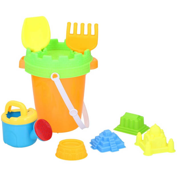Strand/zandbak speelgoed oranje emmer met vormpjes en schepjes - Zandspeelsets