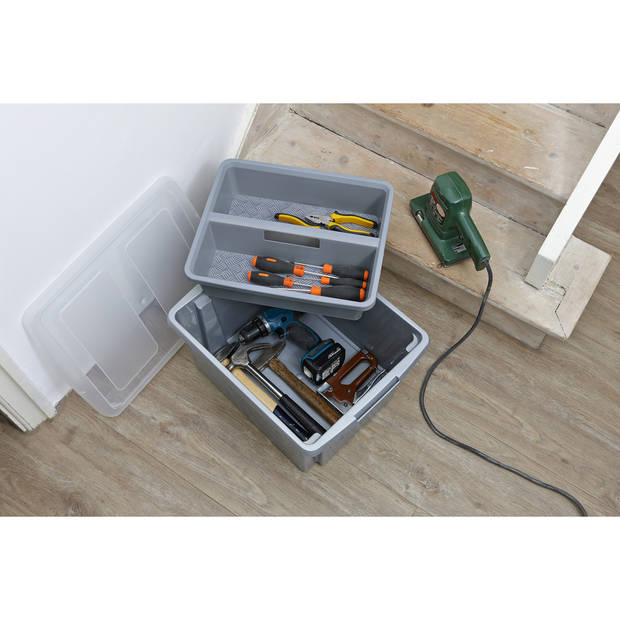 Sunware opslagbox kunststof 32 liter lichtgrijs 45 x 36 x 24 cm met deksel en organiser tray - Opbergbox