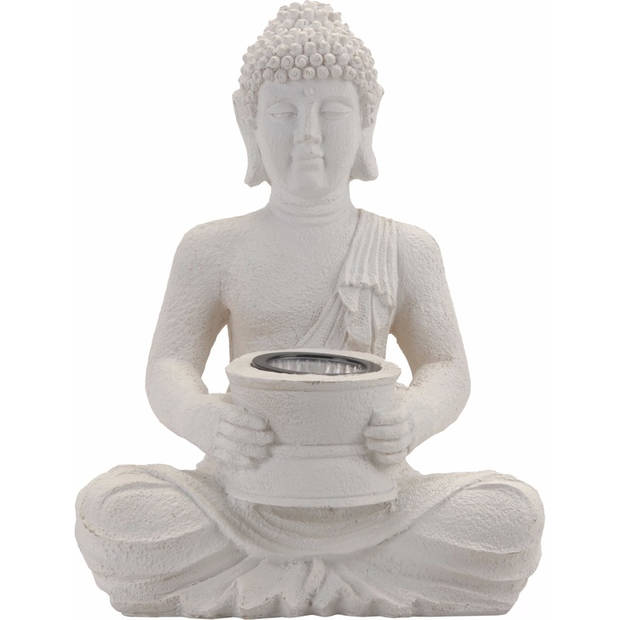 Solar lamp boeddha beeldje wit 28 cm - Tuinbeelden